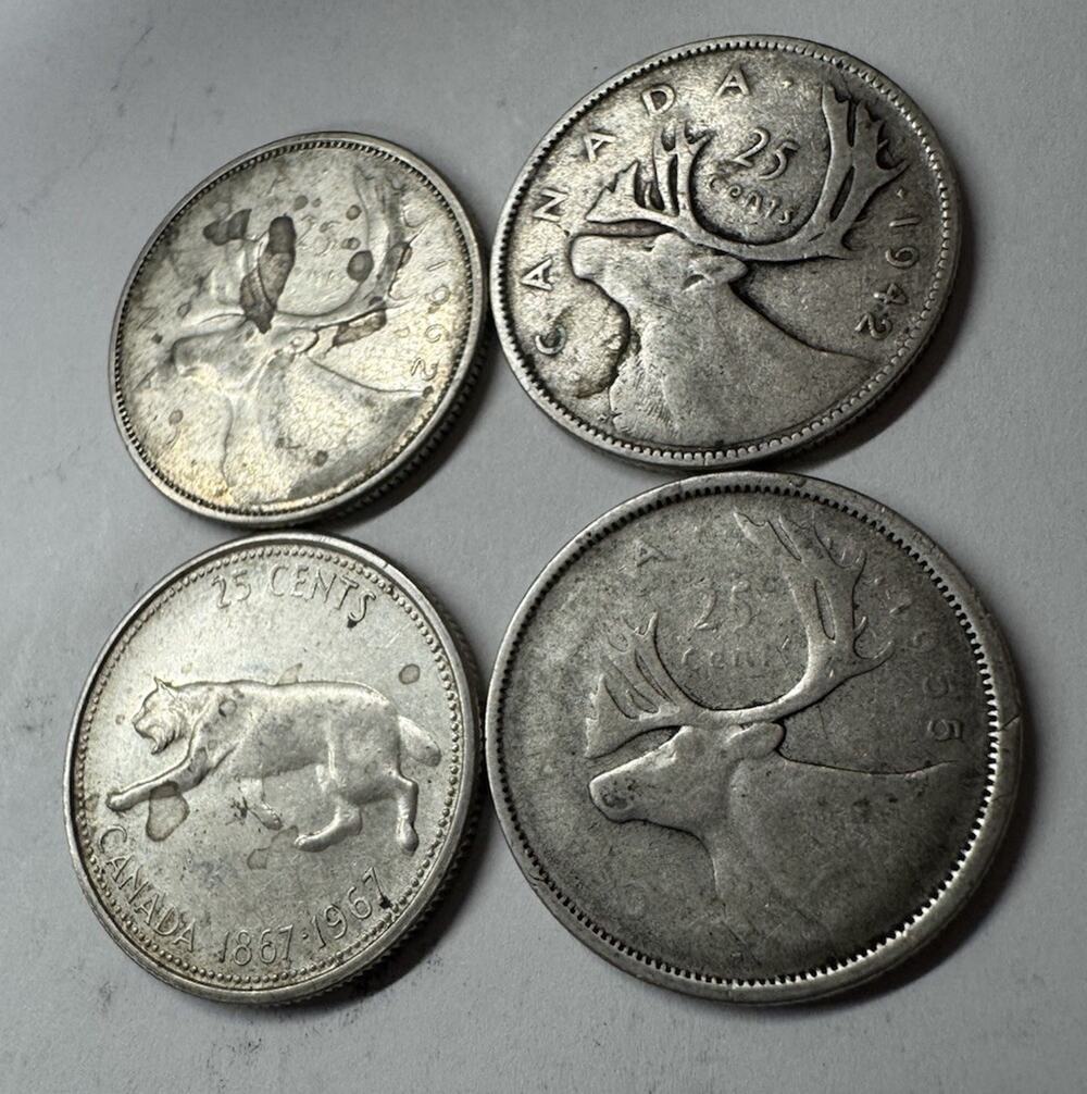 Canada Silver Quarters 80% Silver 1942-1967 Circulated - Lot of 4
